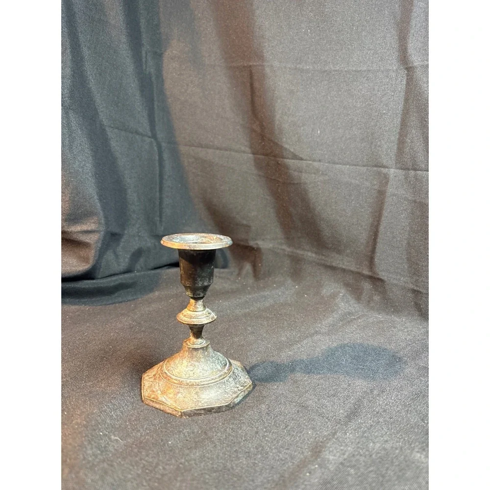 Vintage Silver Tone Metal Taper Candlestick‎ Holder Octagonal Base Patina 4.5